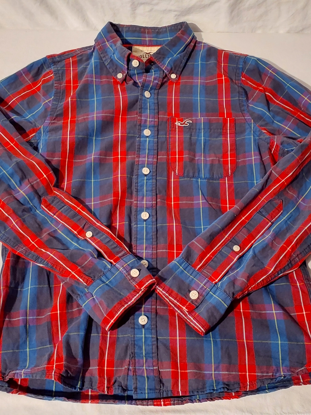 Hollister Men's Large Red & Blue Plaid Button-Down Shirt